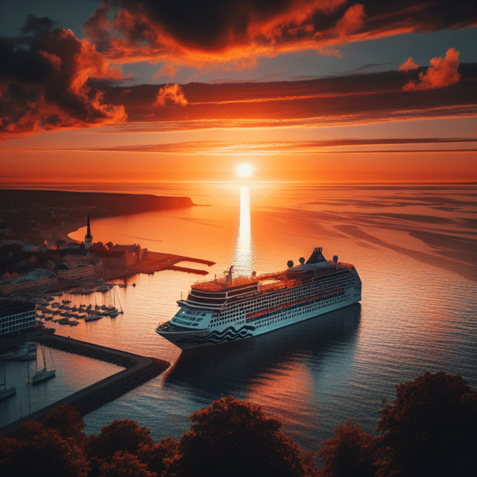 en vakker solnedgang over Østersjøen med silhuetten av et cruiseskip i forgrunnen og kystlinjen av Estland i bakgrunnen
