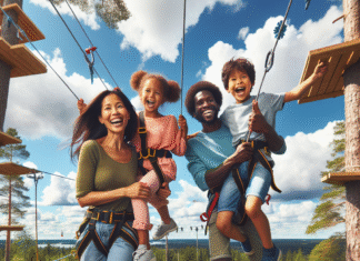 En familie som har det gøy i en klatrepark omgitt av Estlands naturskjønnhet