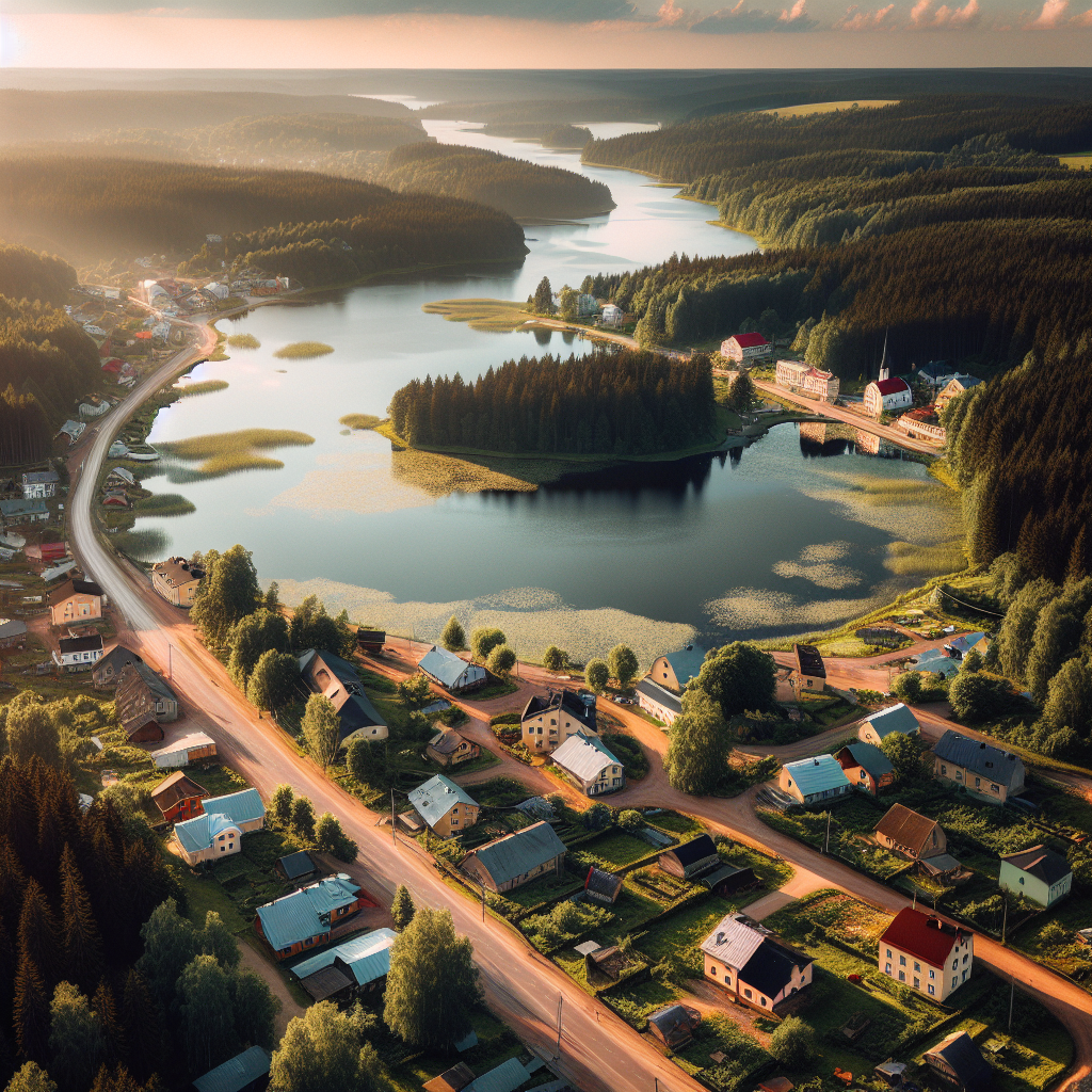 Luftfoto av en pittoresk sør-estlandsk småby ved innsjø, omgitt av grønne skoger og grusvei, varmt ettermiddagslys, rolig og autentisk atmosfære
