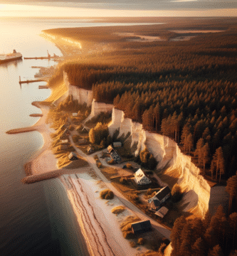 Luftbilde av nordøstlig estisk kystlinje med kalkklipper, furuskog, en liten trehusby ved stranden og en fjern fergehavn i myk gyllen sol