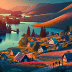 Vakkert sør-estlandsk landskap med innsjø om sommeren, små trehus i en koselig landsby, myke åser og turgåere i naturlig lys, nordisk fargepalett