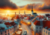 Oversiktsbilde av Tallinns gamleby ved solnedgang med brosteinsgater, moderne kafeer og trikk i forgrunnen