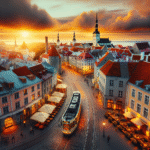 Oversiktsbilde av Tallinns gamleby ved solnedgang med brosteinsgater, moderne kafeer og trikk i forgrunnen