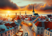 Oversiktsbilde av Tallinns gamleby ved solnedgang med brosteinsgater, moderne kafeer og trikk i forgrunnen