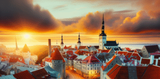 Oversiktsbilde av Tallinns gamleby ved solnedgang med brosteinsgater, moderne kafeer og trikk i forgrunnen
