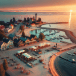 Panoramabilde av en estisk kystlandsby ved solnedgang: små brygger, en steinfyr, sandstrand, lokale kafeer med uteservering og rolige bølger