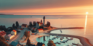 Panoramabilde av en estisk kystlandsby ved solnedgang: små brygger, en steinfyr, sandstrand, lokale kafeer med uteservering og rolige bølger