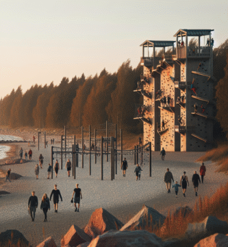 Kystlandskap i Vest-Estland med klatrepark ved sandstrand, familier som går mot parken i mykt kveldslys