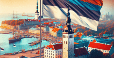 Fargerikt bilde av Tallinns bybilde med Estlands trikolor viftende i forgrunnen, havneområdet i bakgrunnen og Gamlebyen under en klar himmel