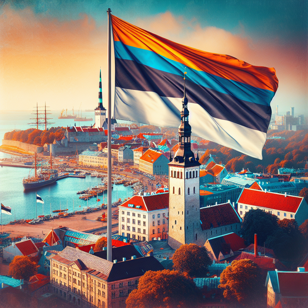 Fargerikt bilde av Tallinns bybilde med Estlands trikolor viftende i forgrunnen, havneområdet i bakgrunnen og Gamlebyen under en klar himmel