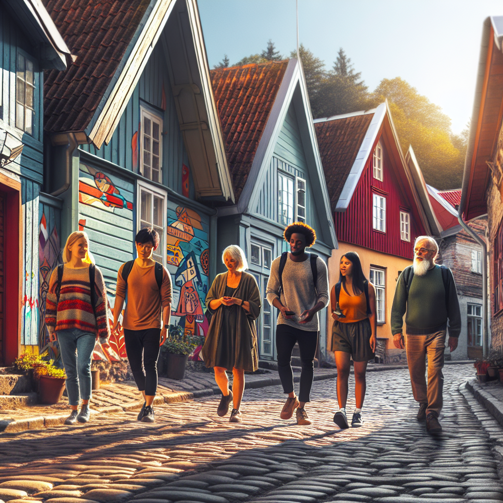 Bilde av en solrik Tallinn-gate med brostein, trehus i Kalamaja, gatekunst i bakgrunnen og en persongruppe som går og utforsker til fots