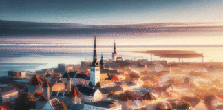 Oversiktsbilde av Tallinn med gamlebyens tak, moderne nabolag og kystlinje i mykt morgenlys, levende farger, høy detaljrikdom