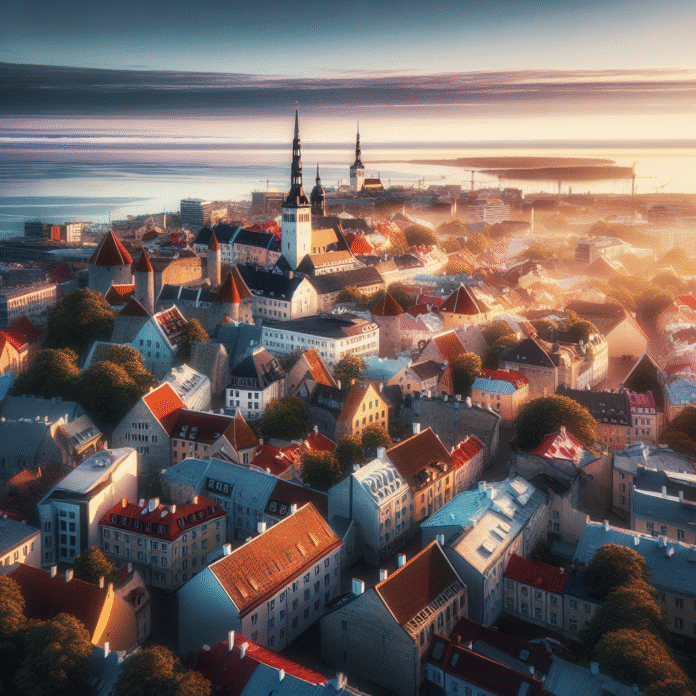 Oversiktsbilde av Tallinn med gamlebyens tak, moderne nabolag og kystlinje i mykt morgenlys, levende farger, høy detaljrikdom
