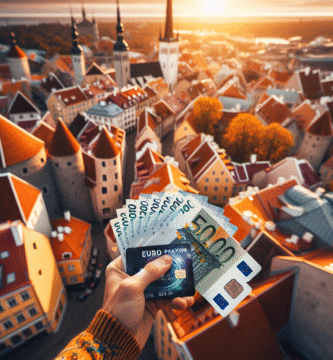 Oversiktsbilde av Tallinns gamleby med en hånd som holder euro-sedler og et kontaktløst betalingskort, varmt nordisk lys