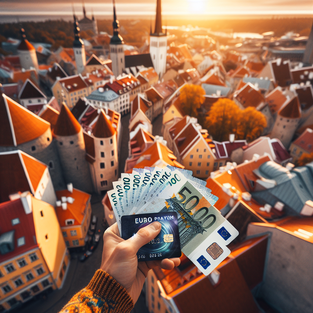 Oversiktsbilde av Tallinns gamleby med en hånd som holder euro-sedler og et kontaktløst betalingskort, varmt nordisk lys