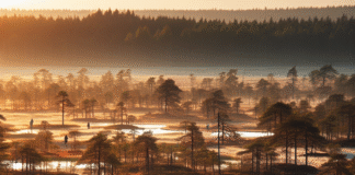 Vidstrakt nord-estlandsk landskap med myr, furuskog og innsjø i gyldent kveldlys, en liten gruppe mennesker på tur i forgrunnen, stemningsfull og naturlig