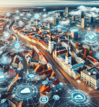 Oversiktsbilde av Tallinns sentrum blandet med digitale ikoner: e-ID, skyer, nettverkssymboler og moderne byinfrastruktur i klar, moderne stil