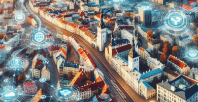 Oversiktsbilde av Tallinns sentrum blandet med digitale ikoner: e-ID, skyer, nettverkssymboler og moderne byinfrastruktur i klar, moderne stil