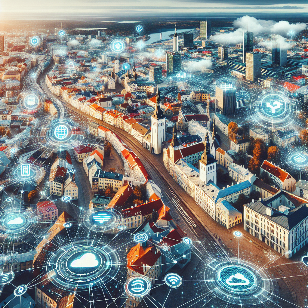 Oversiktsbilde av Tallinns sentrum blandet med digitale ikoner: e-ID, skyer, nettverkssymboler og moderne byinfrastruktur i klar, moderne stil