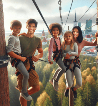 Familie som klatrer i en trebasert klatrepark nær Tallinn, klar høstlysning, seler og zip-liner, grønn skog og Tallinn by i bakgrunnen