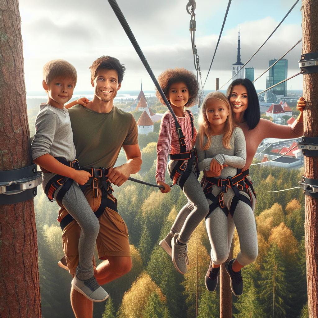 Familie som klatrer i en trebasert klatrepark nær Tallinn, klar høstlysning, seler og zip-liner, grønn skog og Tallinn by i bakgrunnen