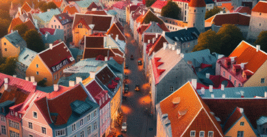 Oversiktsbilde av Tallinns gamleby ved solnedgang, brosteinsgater, fargerike bygninger og moderne byliv i bakgrunnen