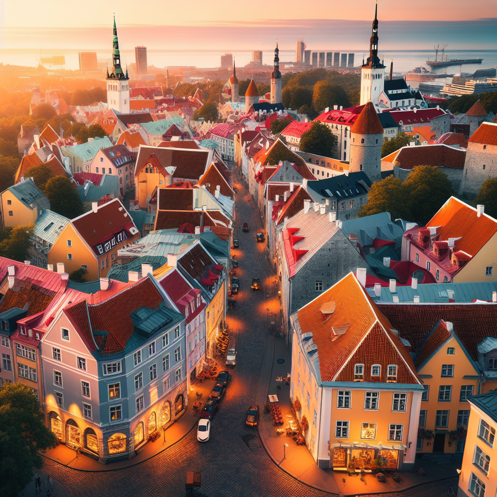 Oversiktsbilde av Tallinns gamleby ved solnedgang, brosteinsgater, fargerike bygninger og moderne byliv i bakgrunnen